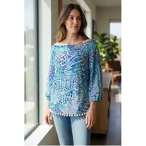 Lilly Pulitzer Blouse Womens XL Nita Off Shoulder Blue Tang Gang Print Pom Pom